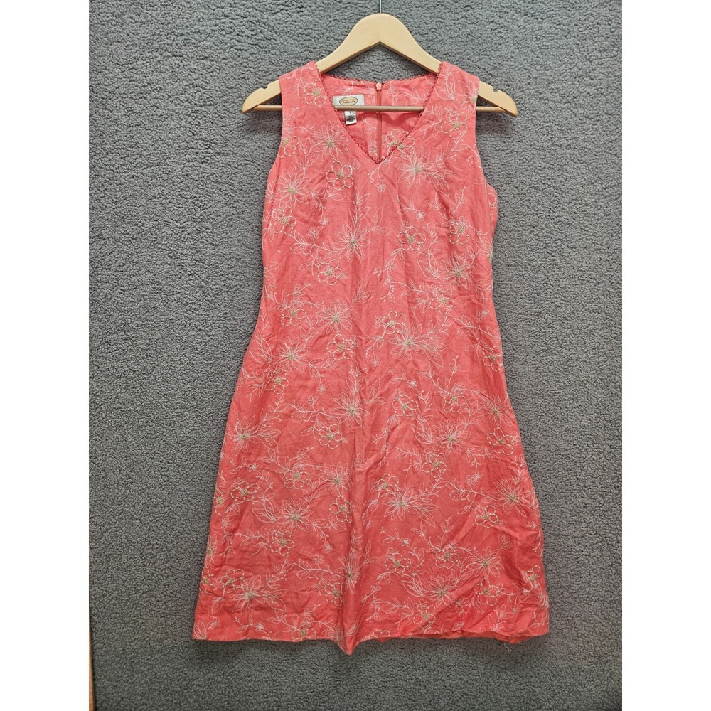 Talbots Embroidered Linen Blend Sheath Dress 8P Coral Pink Floral Cottagecore